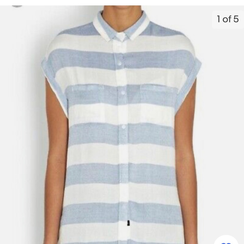 Rails Britt Rolled Short Sleeve Button Down Shirt White & Blue Stripes Sz XS